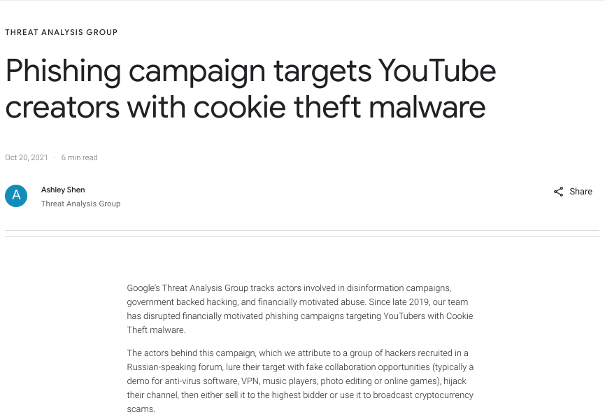 Phishing campaign targets YouTube creators with cookie theft malware