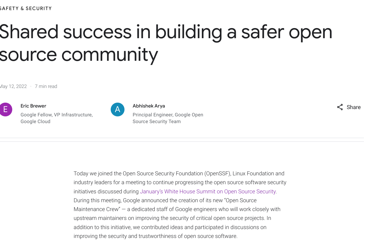 Shared success in building a safer open source community