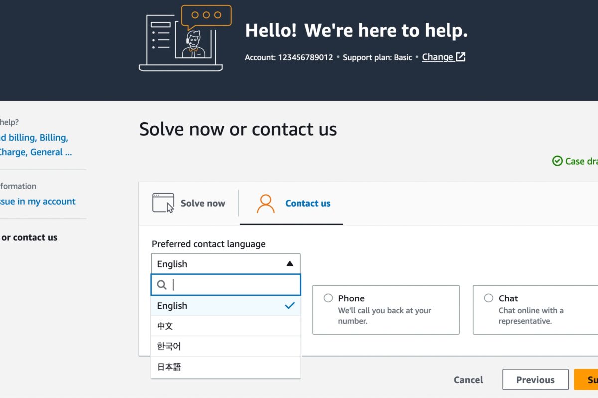 Choose Korean in AWS Support as Your Preferred Language